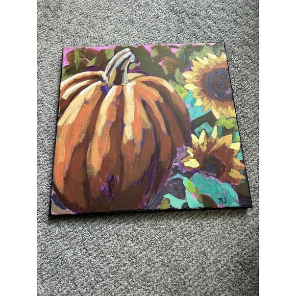 Autumn Still Life Acrylic on Canvas Pumpkin and Sunflowers 12” x 12” - Picture 1 of 3